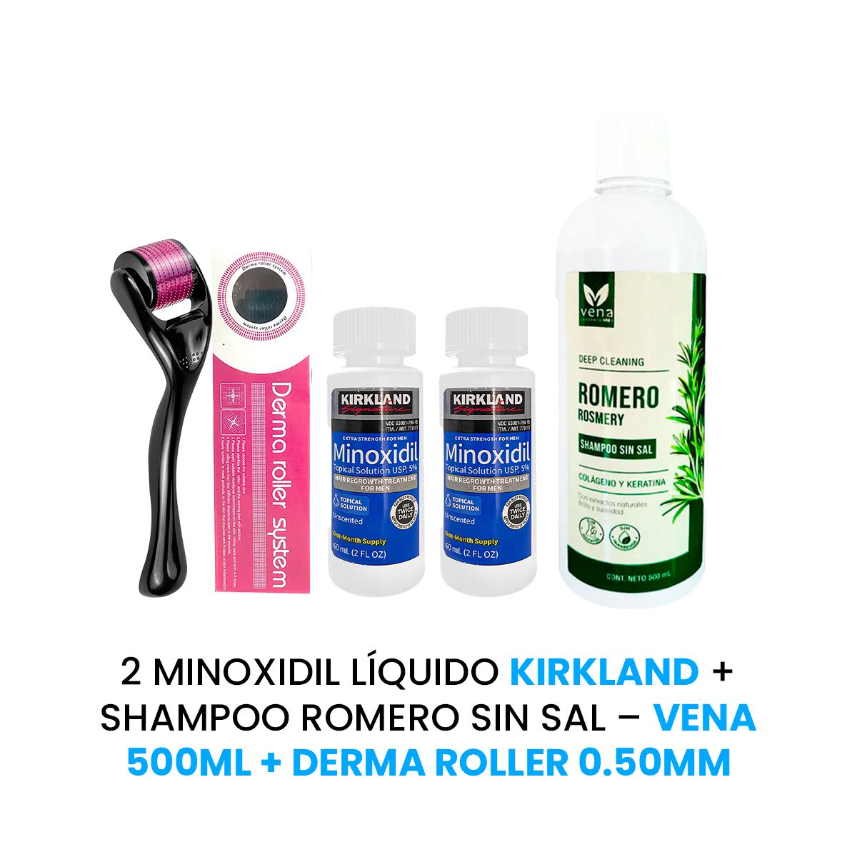 TRATAMIENTO CAPILAR KIRKLAND 2 UNIDADES MINOXIDIL LÍQUIDO + DERMA ROLLER 0.50 MM + SHAMPOO ROMERO 500 ML